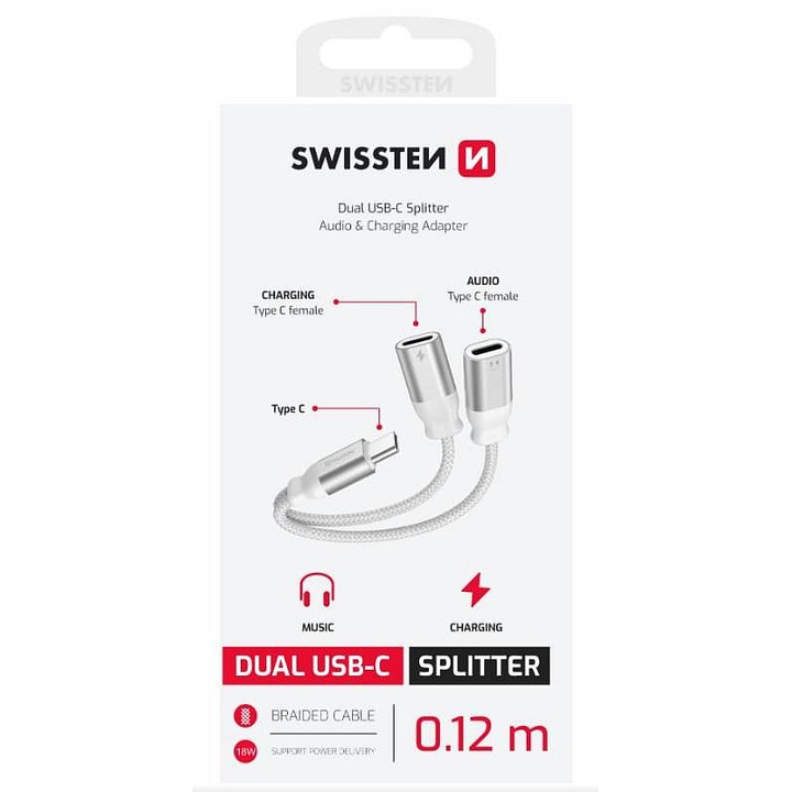 Adaptor audio incarcare Swissten Textile USB-C alb 12cm