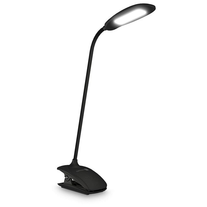 Connect IT CLIP LED asztali lámpa, csíptetős, flexibilis kar, 3 intenzitási szint, beépített 400 mAh akkumulátor, USB-C töltés, fekete, 170 lm