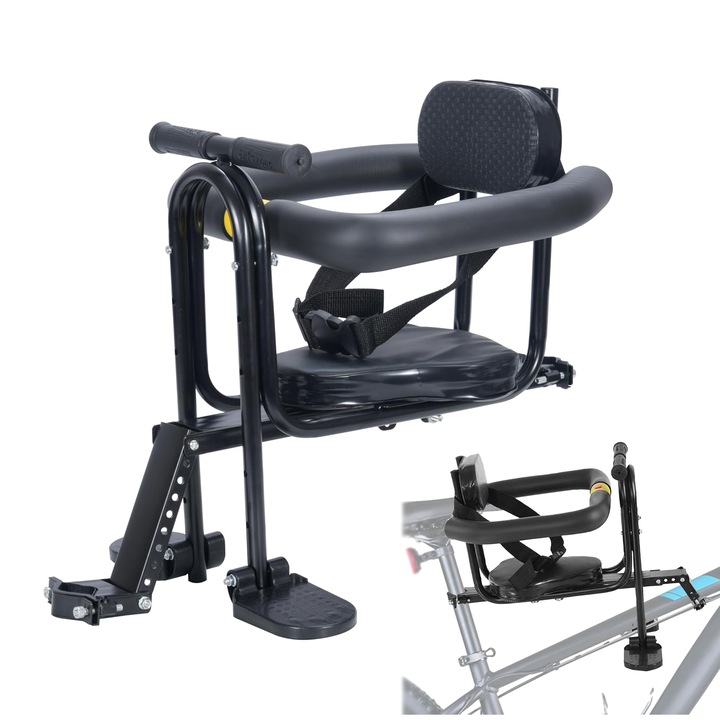 Scaun de Copil pentru Bicicleta cu Prindere pe Bara Orizontala din Fata, Wulnar, Centuri de Siguranta, Manere cu Mansoane din Silicon, Sarcina Maxima 20 kg, Suport Picioare, Negru