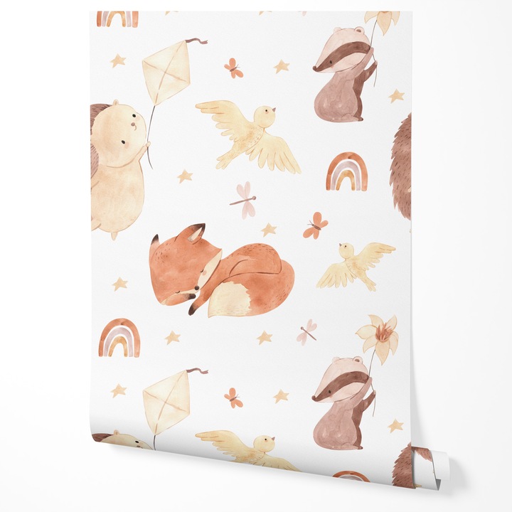 Tapet vlies animale de padure vulpe urs bursuc pasari curcubeu bej tonuri neutre camera copii stele zmeu decor modern 5m x 0, 5m