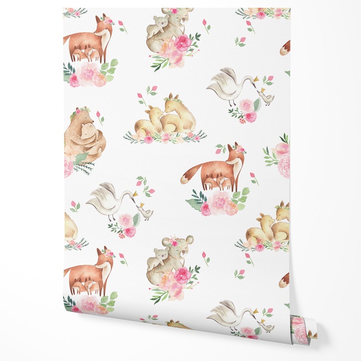 Tapet vlies animale padure vulpe cerb urs flori model pastel dragut camera copii dormitor hol tapet rezistent UV 5m x 0, 5m