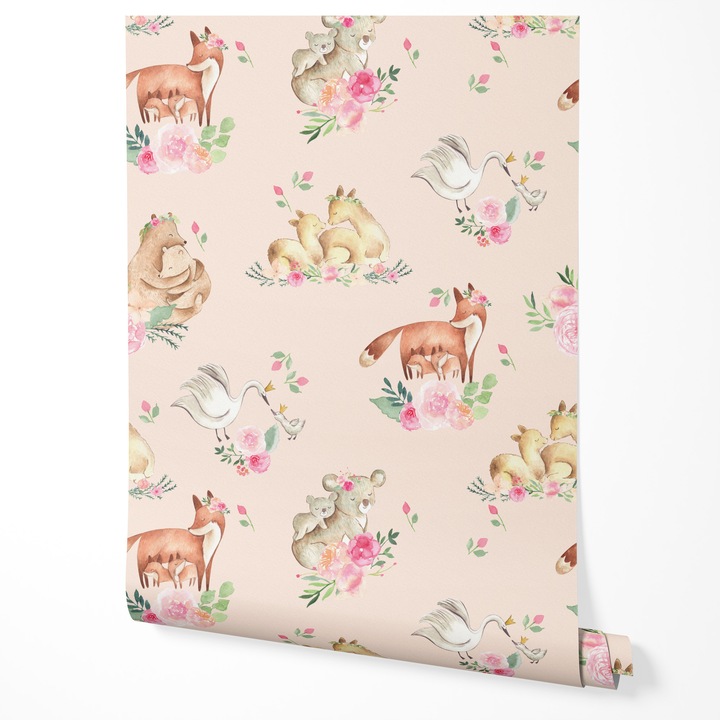 Tapet vlies animale padure vulpe cerb urs pasari flori model pastel romantic dragut camera copii dormitor hol tapet rezistent UV 5m x 0, 5m