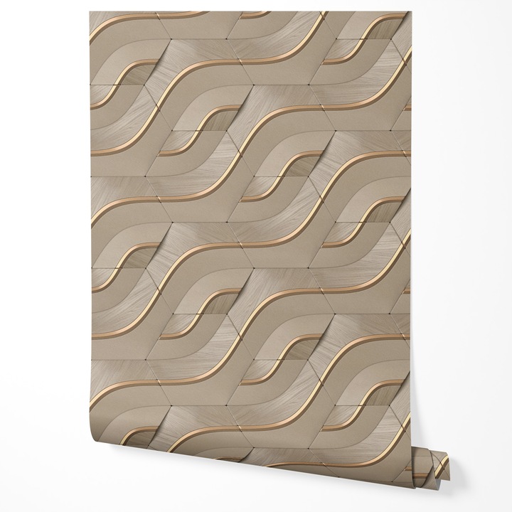 Tapéta vlies geometrikus 3D hullámok bézs arany modern absztrakt textúra elegáns prémium nappali hálószoba előszoba UV-álló tapéta 5m x 0,5m