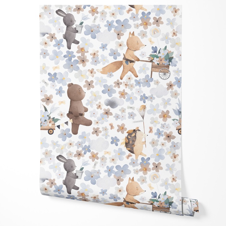 Tapet vlies animale de padure vulpe urs iepure arici flori model albastru bej camera copii natura decor modern 5m x 0, 5m