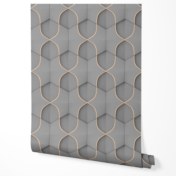 Tapéta vlies geometrikus 3D hatszög modell szürke arany modern absztrakt elegáns vonalak luxus nappali hálószoba előszoba UV-álló tapéta 5m x 0,5m