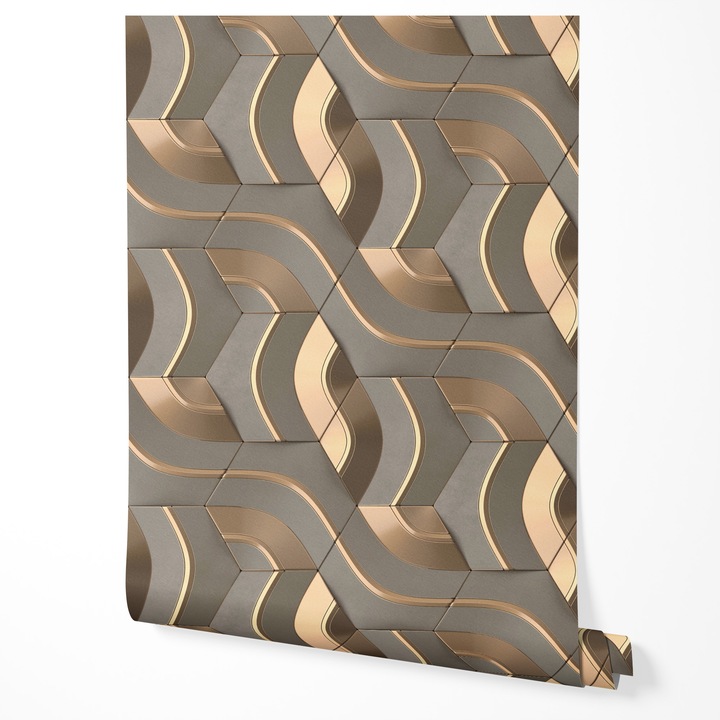 Geometrikus 3D hullám tapéta, bézs-arany-szürke, modern absztrakt textúra, elegáns luxus nappali, hálószoba, előszoba, UV-álló tapéta, 5m x 0,5m