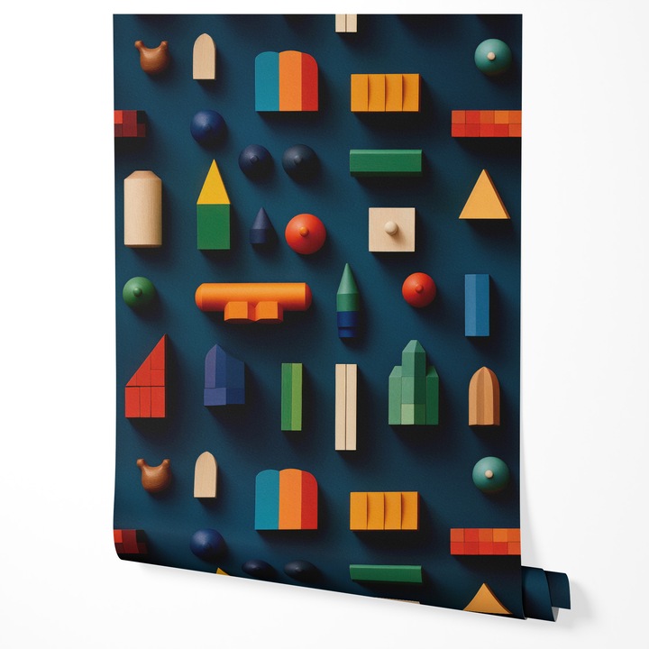 Gyermek vlies tapéta, geometrikus játékok, színes blokkok és formák, modern design, gyermekszoba, babaszoba, játszószoba, sötét háttér, UV-álló tapéta, 5m x 0,5m