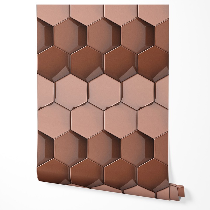 Tapéta vlies geometrikus 3D modell hatszög réz barna modern elegáns design fémes hatás texturált fal nappali hálószoba előszoba konyha UV-álló tapéta 5m x 0,5m