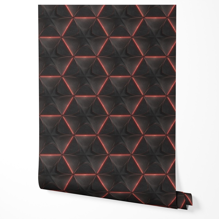 Tapéta vlies geometrikus 3D modell háromszögek fekete piros neon vonalak modern futurisztikus design fémes hatás texturált fal nappali hálószoba előszoba konyha UV-álló tapéta 5m x 0,5m