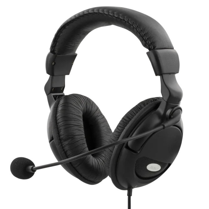 Casti cu microfon DELTACO HL-9, Over-Ear, jack 3.5 mm, control volum pe fir, cablu 2m, negru