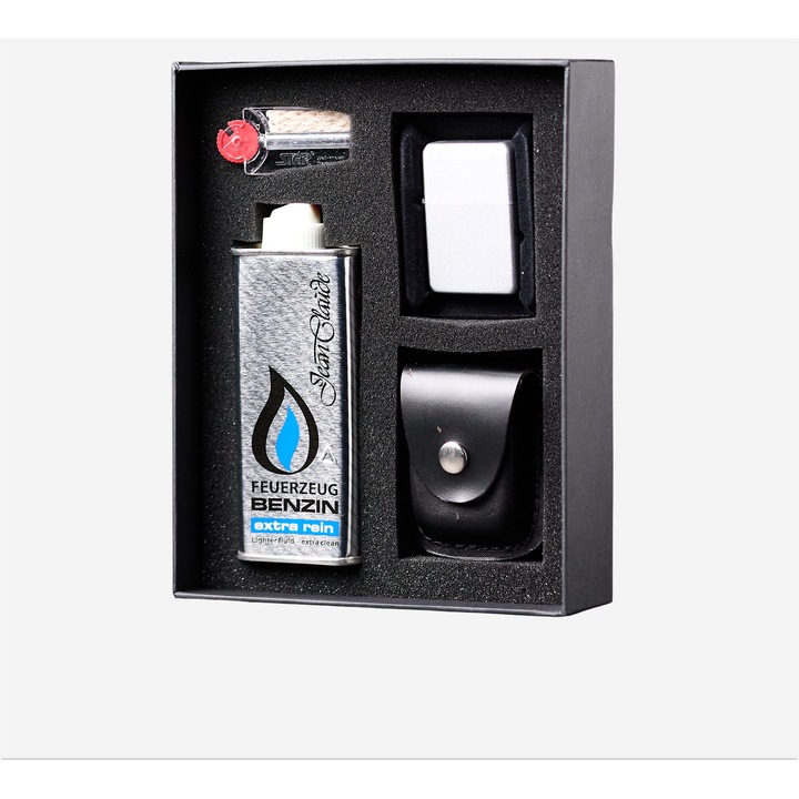 Set cadou bricheta COOL cu benzina, husa pentru bricheta, pietre de rezerva