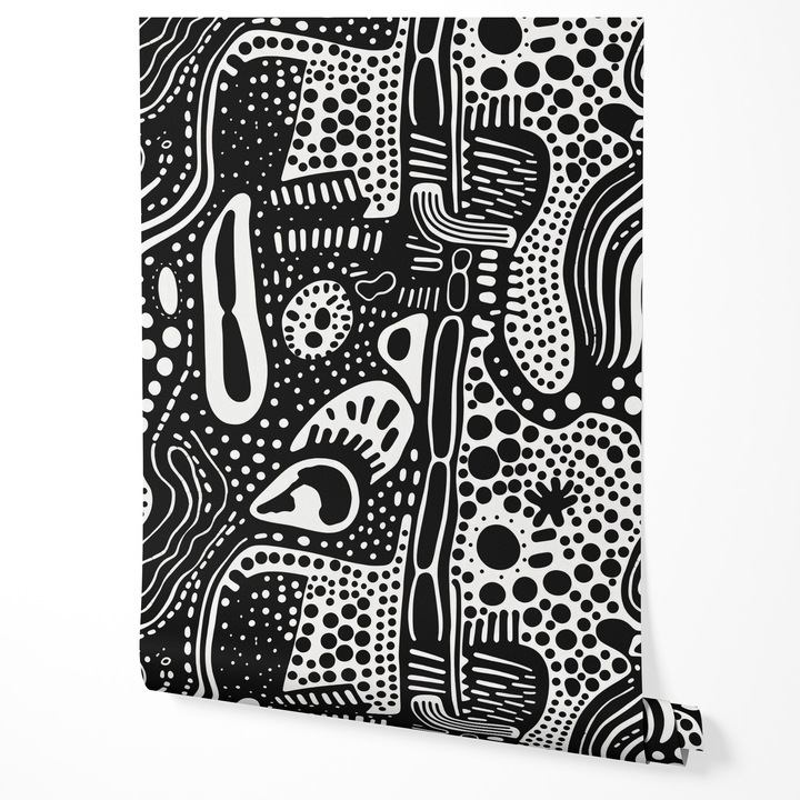 Tapéta vlies fekete-fehér absztrakt organikus minta modern formák pontok vonalak etnikai boho törzsi grafikus design erős kontraszt modern dekor nappali hálószoba előszoba UV-álló tapéta 5m x 0,5m