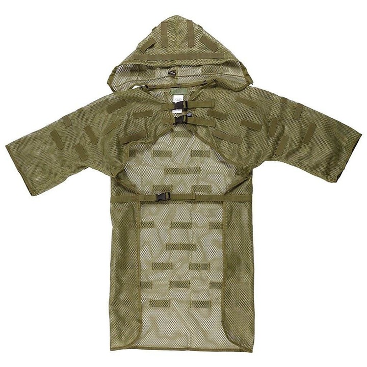 MFH, Pelerina camuflaj din plasa din nylon cu capuca detasabila si bucle pentru prindere, include husa, Oliv