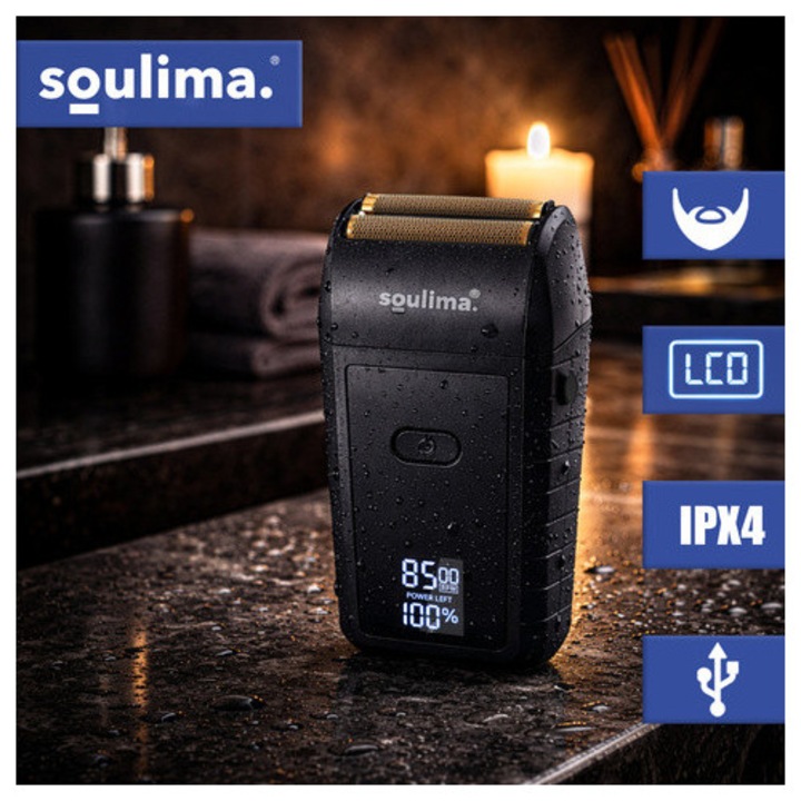 Aparat de Ras Electric Barba Soulima, USB-C, Afisaj LED, 2 Folii + 2 Lame Inox, Trimmer Barba Portabil, IPX4, 60 Min Autonomie, Husa Inclusa
