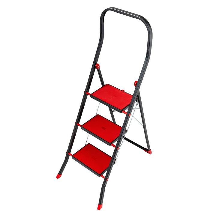 Scara plianta VENBOS 2023CV, otel, unilaterala 1x3, trepte antiderapante, maner inalt, negru/rosu, max 150 kg, 1 buc