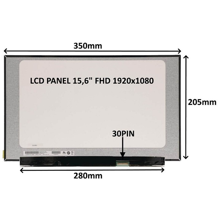 SIL LCD kijelző / Display 15,6" FHD 1920x1080 IPS, 30 tűs, matt, rögzítőfülek nélkül (ragasztott), Fekete, 350x205 mm