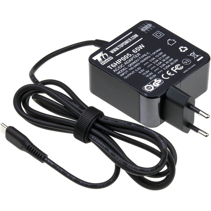 Adaptor universal pentru notebook T6 POWER, T6HP005, 65W, USB-C, cablu 1.7 m, Negru, 1 buc
