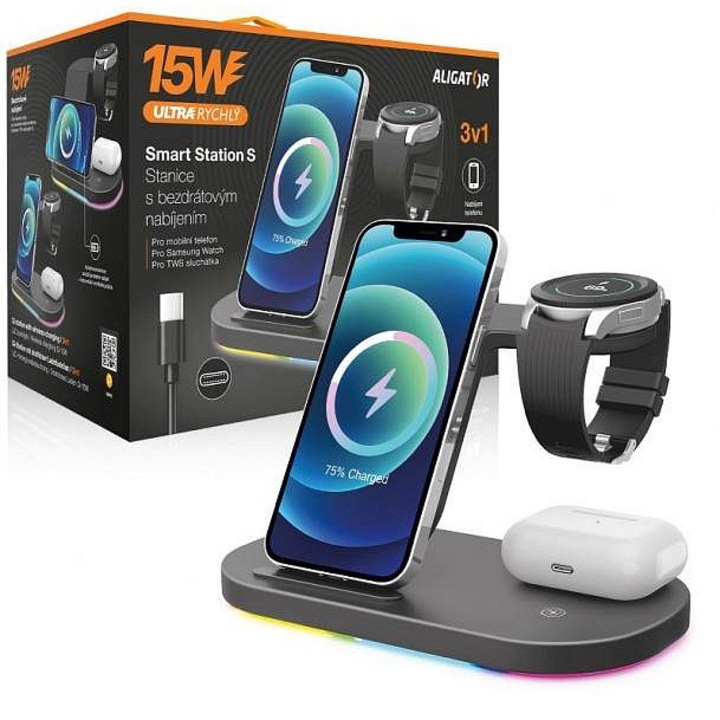 Statie incarcare wireless Aligator Smart Station S, 3 dispozitive, 15W, negru