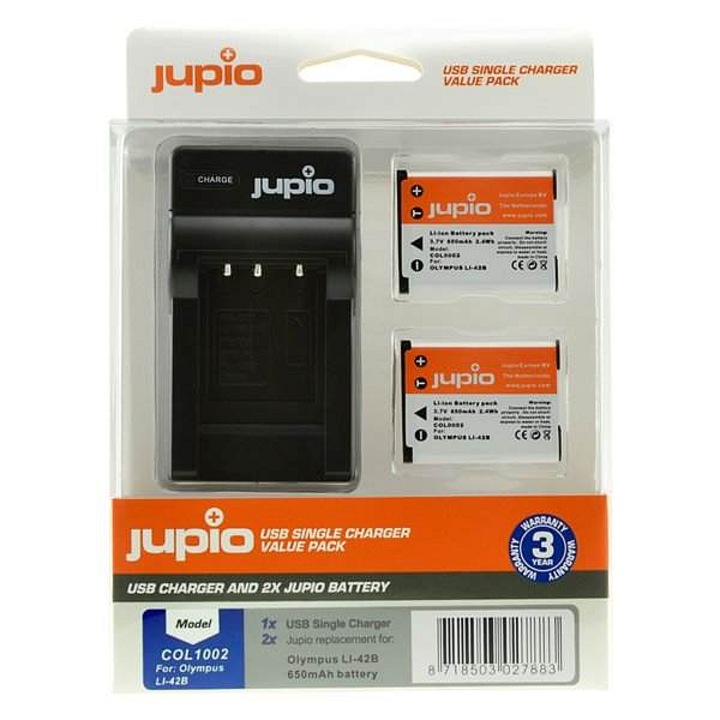 Set incarcator USB si 2 baterii Jupio Li-40B (Li-42B/NP45/D-Li63/EN-EL10), 650 mAh, compatibil cu Olympus, Nikon, Fujifilm, Pentax, Kodak, Multicolor, 2 x 650 mAh + 1 incarcator USB