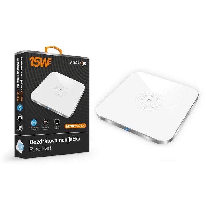 Incarcator wireless Aligator Pure-Pad, 15W, tehnologie Qi, cablu USB-C inclus, alb, 1 buc