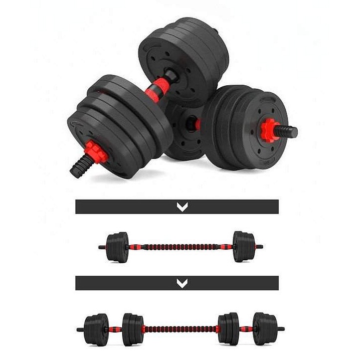 Set gantere incarcabile Sedco AERO BC, 2 tije scurte si bara de conectare pentru haltere, discuri din plastic dur umplute cu ciment, manere cauciucate antiderapante, negru/rosu, 2x10 kg + 1x20 kg