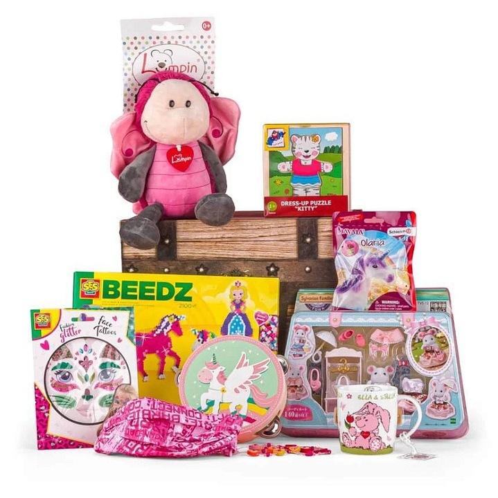 Cufar cu jucarii Emily, set de joaca variat cu plus, puzzle si accesorii, include 2100 margele pentru calcat, Multicolor, 1 set