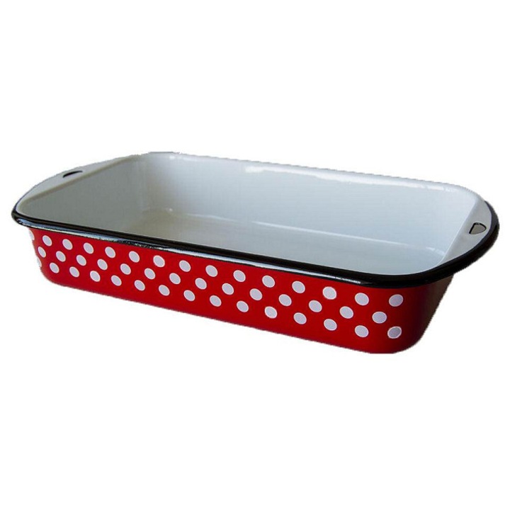 Metalac Puntik zománcozott sütőtepsi/sütőtálca, fehér pöttyös dekorral, piros, 30 x 18 cm, 2,7 l