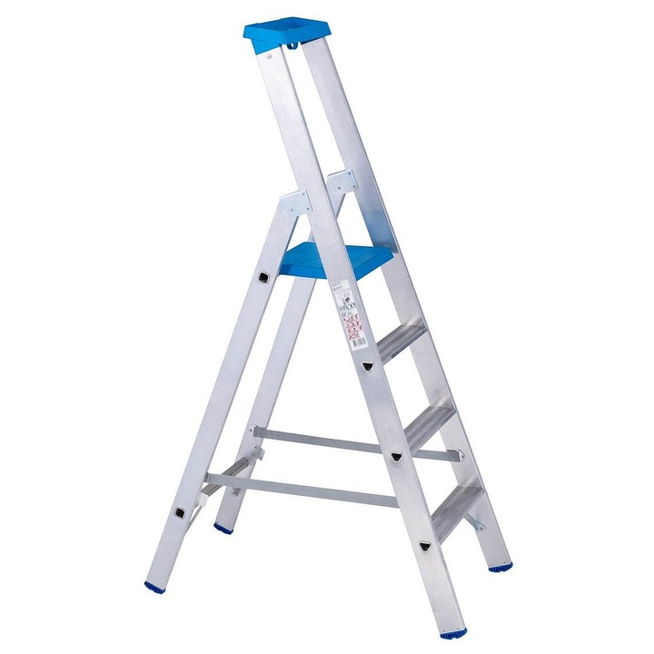Scara de aluminiu VENBOS PROFI 6040, cu platforma superioara si carlig, trepte antiderapante, aluminiu/albastru, 1x4