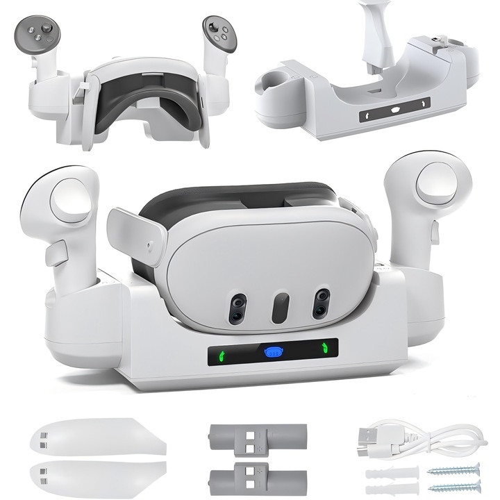 Statie de Incarcare Rapida si Versatila pentru VR Meta Quest 3 - cu Acumulatori Inclusi, Wulnar, Incarcare Simultana pentru Casca si Controllere, Suport de Perete si Protectii Multiple de Siguranta