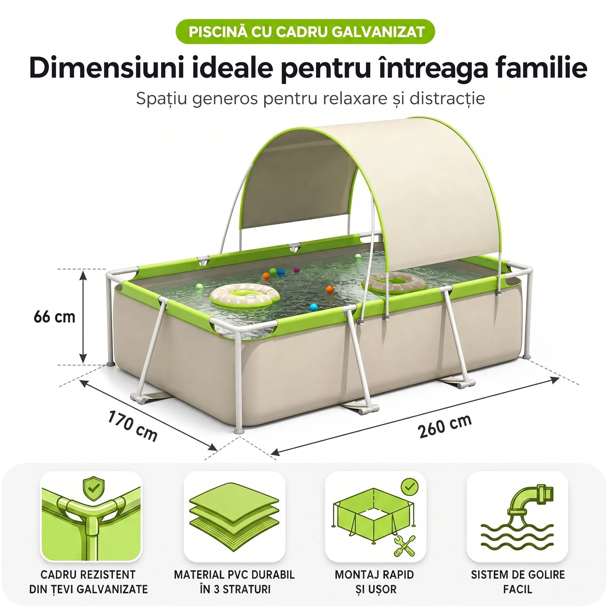 Piscina Timebox cu Umbrar, 260cm, Pentru Copii si Adulti