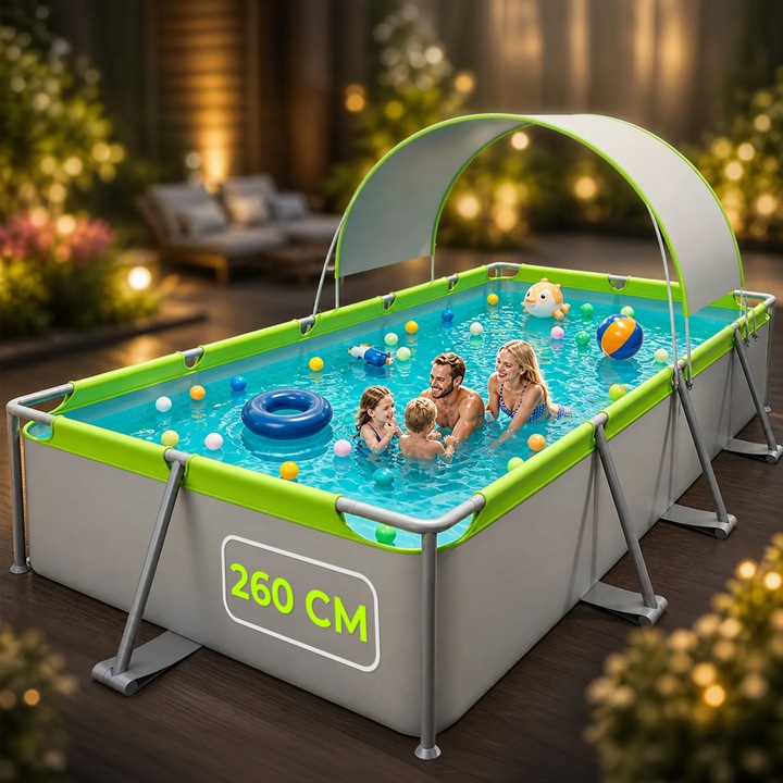 Piscina Timebox cu Umbrar – Material PVC Rezistent, Cadru Metalic, Montaj Rapid Fara Pompare, Protectie UV Integrata, Pentru Copii si Adulti, Pliabila