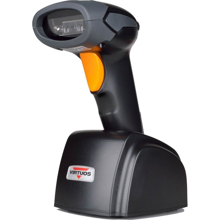 Cititor coduri de bare CCD Virtuos HW-311A, wireless 2,4 GHz cu baza de incarcare, emulare tastatura/RS-232, mod Memory pentru colectare offline, rezistent la cadere 1,5 m, Negru