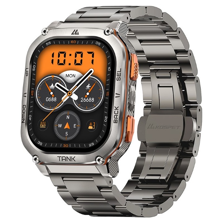 Ceas smartwatch Kospet Tank M3 Ultra Special Edition, argintiu, GPS, Gorilla Glass 3, peste 170 de moduri sportive, ecran AMOLED, rezistat la scufundari