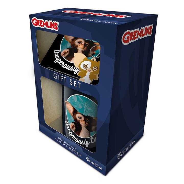 Set cadou PYRAMID Gremlins, cana ceramica, breloc din cauciuc, suport pahar din pluta, multicolor, 3 piese