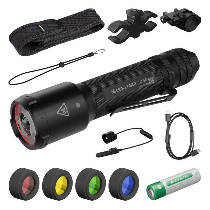 Комплект за лов, Ledlenser, TAC6R, Компактен, 2000 lm, Дистанционен превключвател, Стойка за Picatinny релса, Универсална система за монтаж, Комплект цветни филтри, Черен, Калъф, Алуминиева сплав, Обхват на светлината 370 м, Време на работа 15 ч, Време на