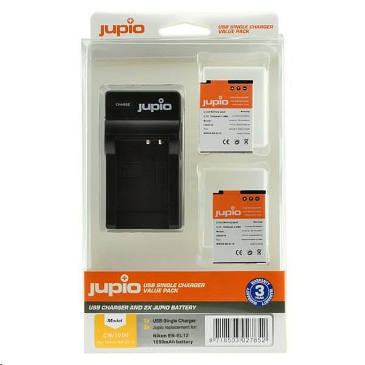 Set incarcator si 2 baterii Jupio EN-EL12, incarcator USB, 1050 mAh, compatibil Nikon, negru/alb, 2 buc