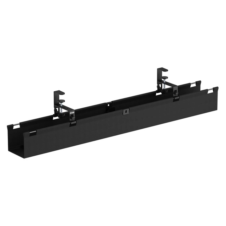 Organizator Cabluri sub Birou StableDesk®, Montaj cu Clema de Blat, Reglabil pe 2 Inaltimi, cu Benzi Velcro, Carlige si Buzunare pentru Cabluri si Prelungitor, Material Textil Certificat TÜV Rheinland, Max. 5 kg - Lungime 120 cm, Negru