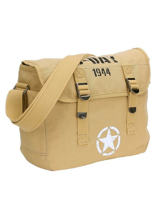 FOSTEX, Pamut válltáska, D-DAY 1944 mintával és csillaggal, állítható pánt 125 cm-ig, Khaki, 32 x 12 x 24 cm
