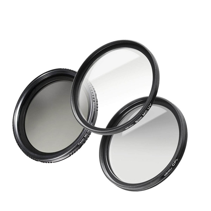 Set filtre foto Walimex PRO Starter, 72 mm, UV Slim MC, polarizant circular, ND-Fader ND2-ND400, multistrat, Negru, 3 piese