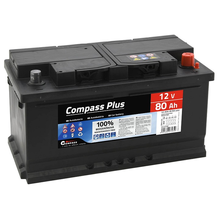 Autóakkumulátor Compass Plus, 12 V 80 Ah, indítóáram 740 A (EN), gondozásmentes, Fekete, 1 db