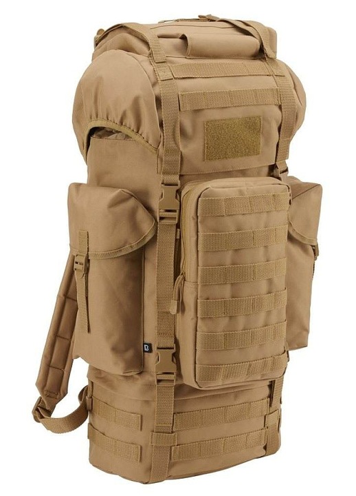 Brandit, taktikai textil hátizsák MOLLE/PALS kompatibilis, 4 külső zsebbel és kényelmes hordozórendszerrel Kampf, khaki, 66 L
