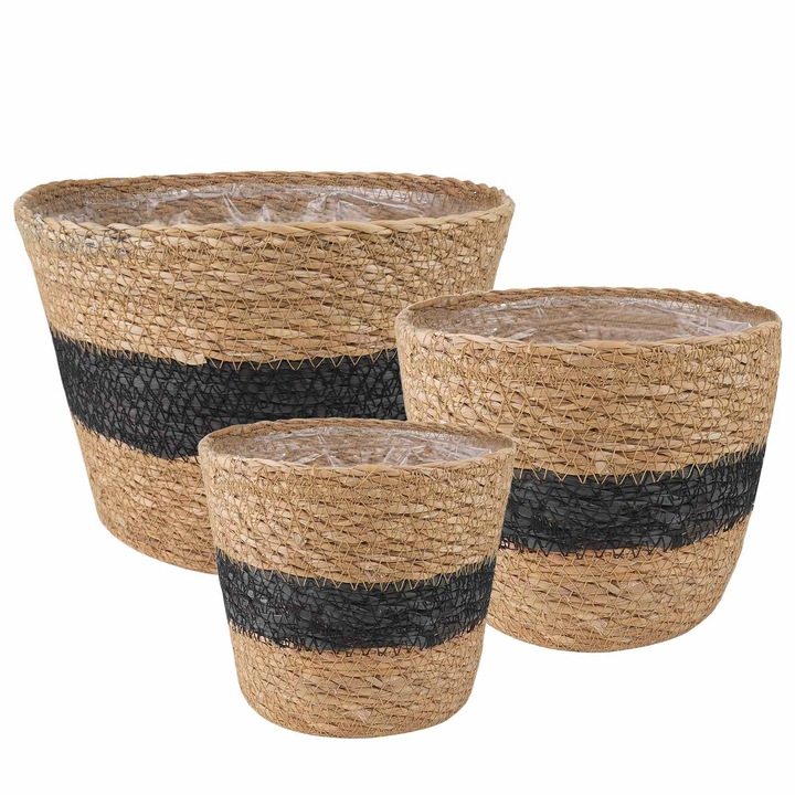 Set Cosuri pentru plante din iarba de mare 3 pcs vidaXL, Natural si Negru