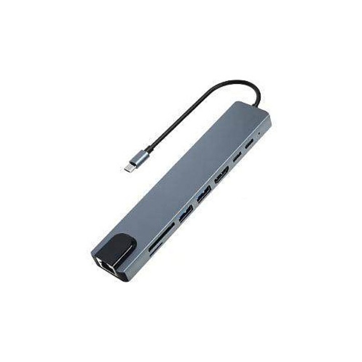 USB-C dokkolóállomás Aligator Hub 8in1, több port (USB-C, 2x USB-A, HDMI, RJ45, SD/MicroSD), gyors adatátvitel, szürke fémház, 155x32x10/14 mm
