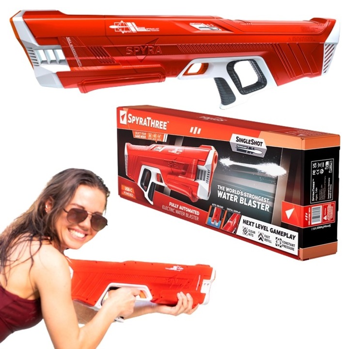 Pistol Cu Apa, Spyra, Trei, Material ABS Plastic, Raza 10 m, Greutate 0.5 kg, Baterie 1 x 7.4V Li Ion Inclusa, Ideea Perfecta Pentru Cadou, Asigura Distractie de Lunga Durata, Tehnologie Avansata, 30 cm, Rosu