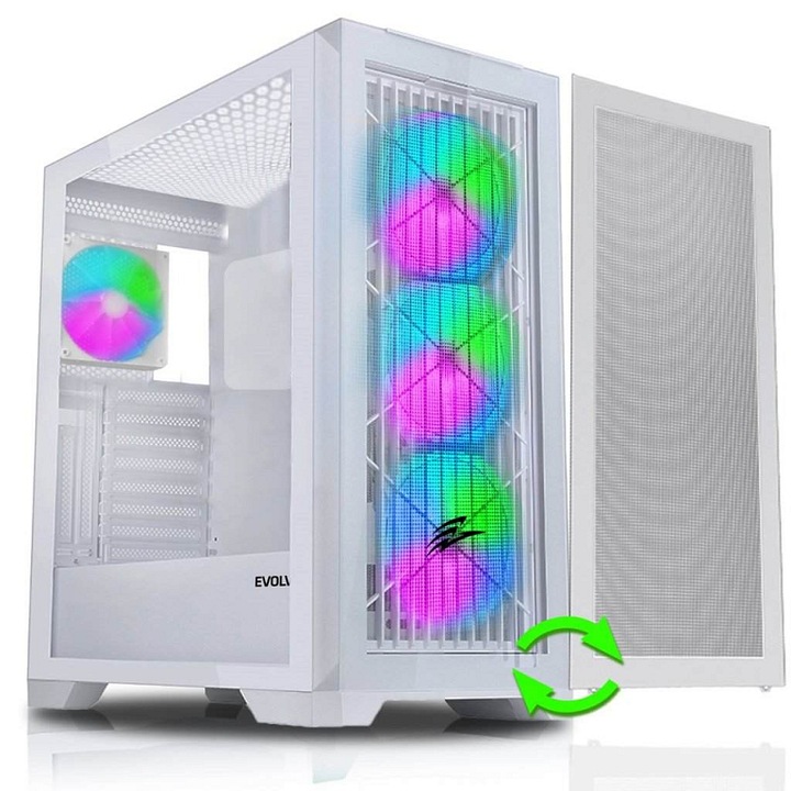 Carcasa PC Evolveo Ptero Q2W+, midi tower, двоен преден панел (закалено стъкло + решетка), 4x 120mm ARGB вентилатори, странично закалено стъкло, съвместима с ATX/mATX/Mini-ITX, Бял