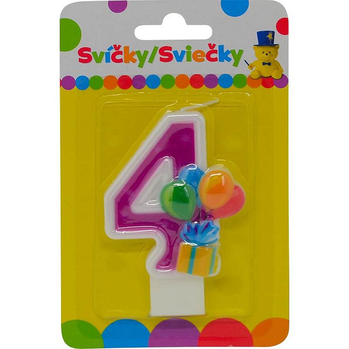 Lumanare aniversara Sparkys in forma de cifra 4, lumanare pentru tort decorata cu baloane colorate, multicolor, 1 buc