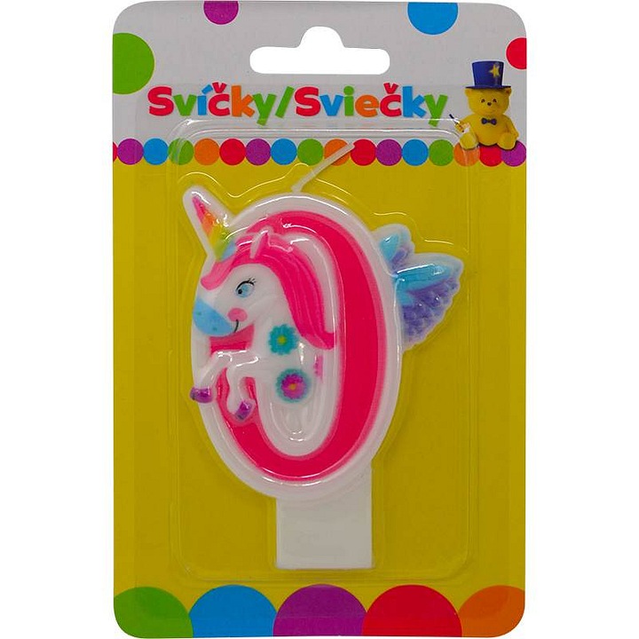 Lumanare de tort/de aniversare Sparkys, in forma de unicorn, cu cifra 0, multicolor, 1 buc