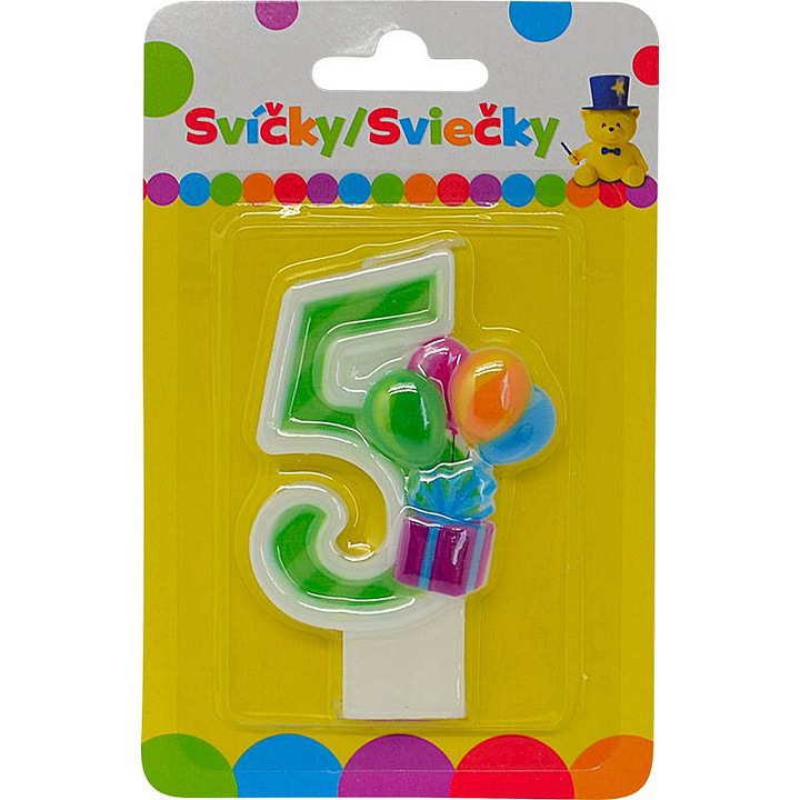Lumanare aniversara / lumanare de tort Sparkys in forma de cifra 5, cu baloane colorate, multicolor, 14x9x1.3 cm, 1 buc