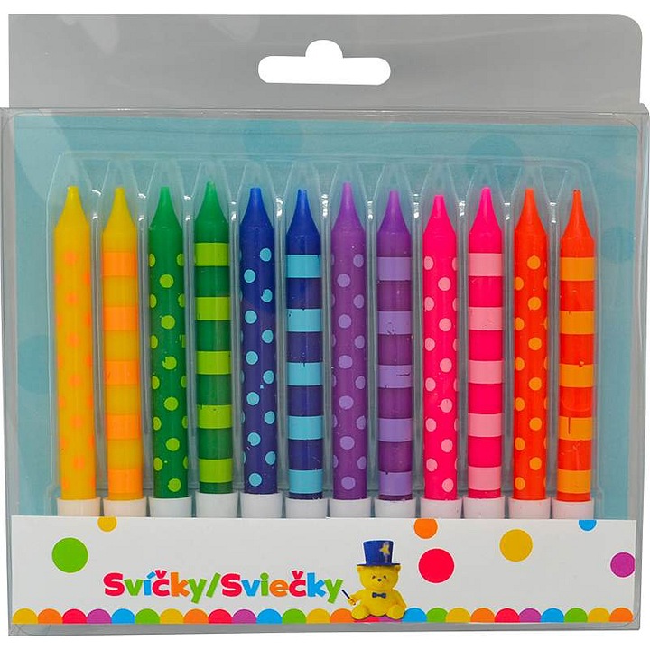 Lumanare de aniversare / lumanare pentru tort Sparkys, cu puncte si dungi, inaltime 8 cm, multicolor, 12 bucati
