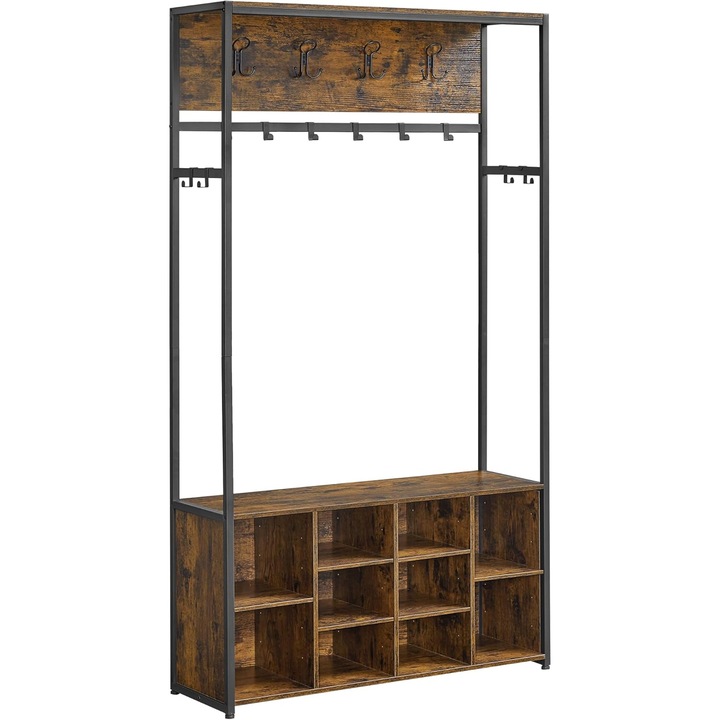 VASAGLE Cuier pentru hol cu banca si pantofar, 4 in 1, raft superior, carlige reglabile, cadru metalic, 100x32x180 cm, maro rustic/negru
